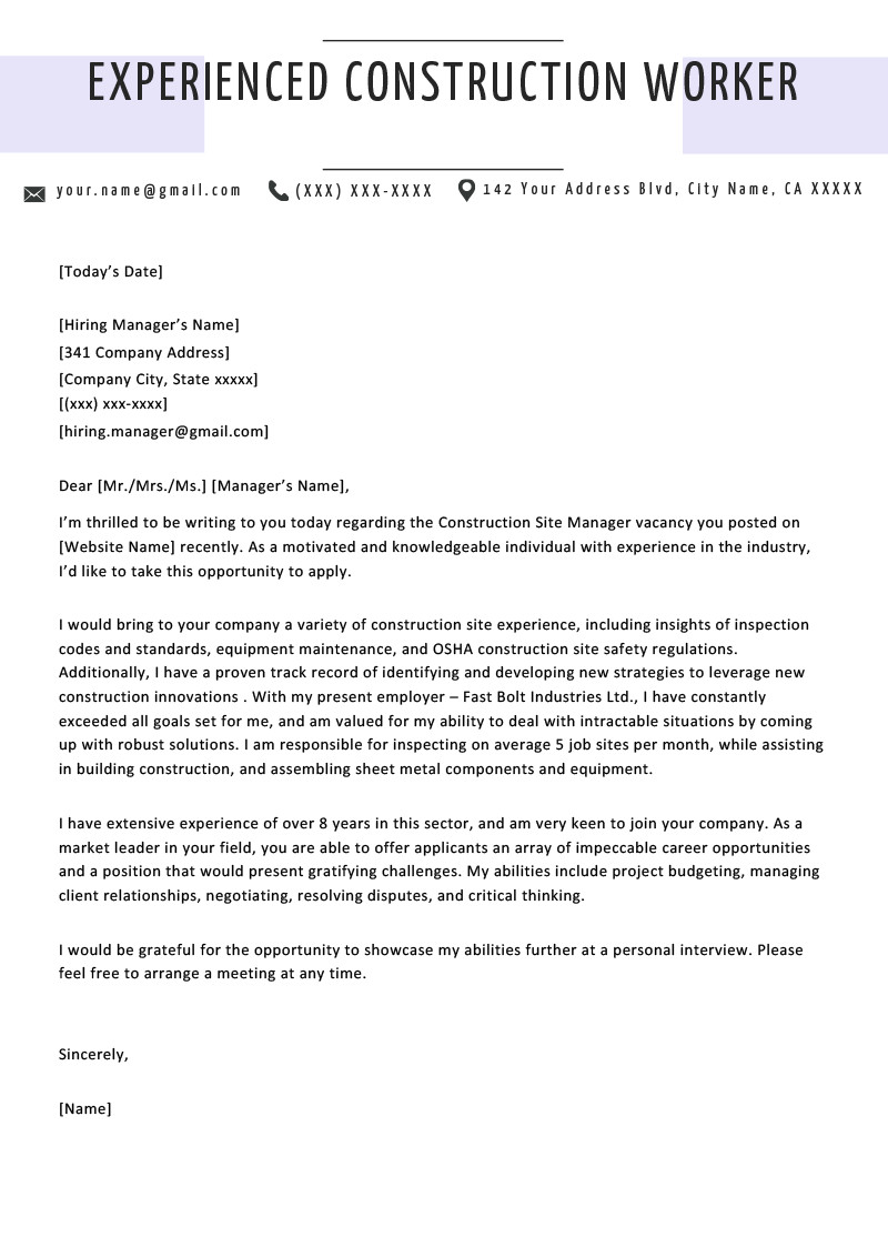 construction cover letter sample