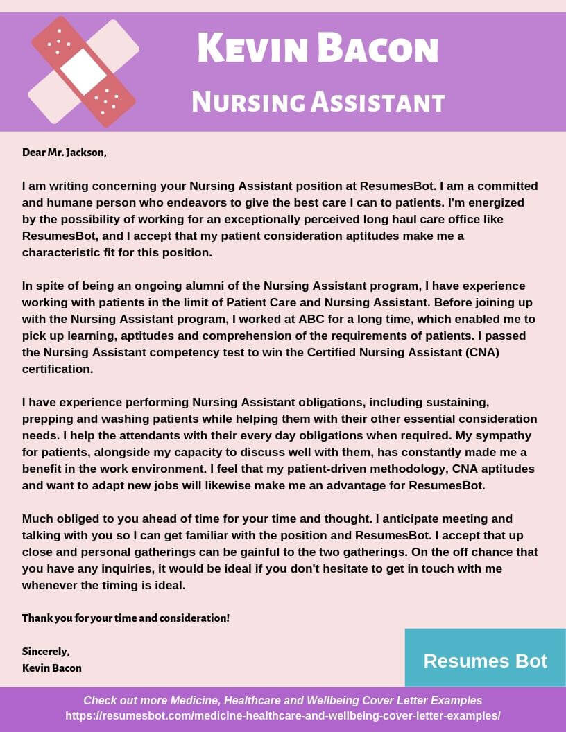 nursing assistant cover letter example