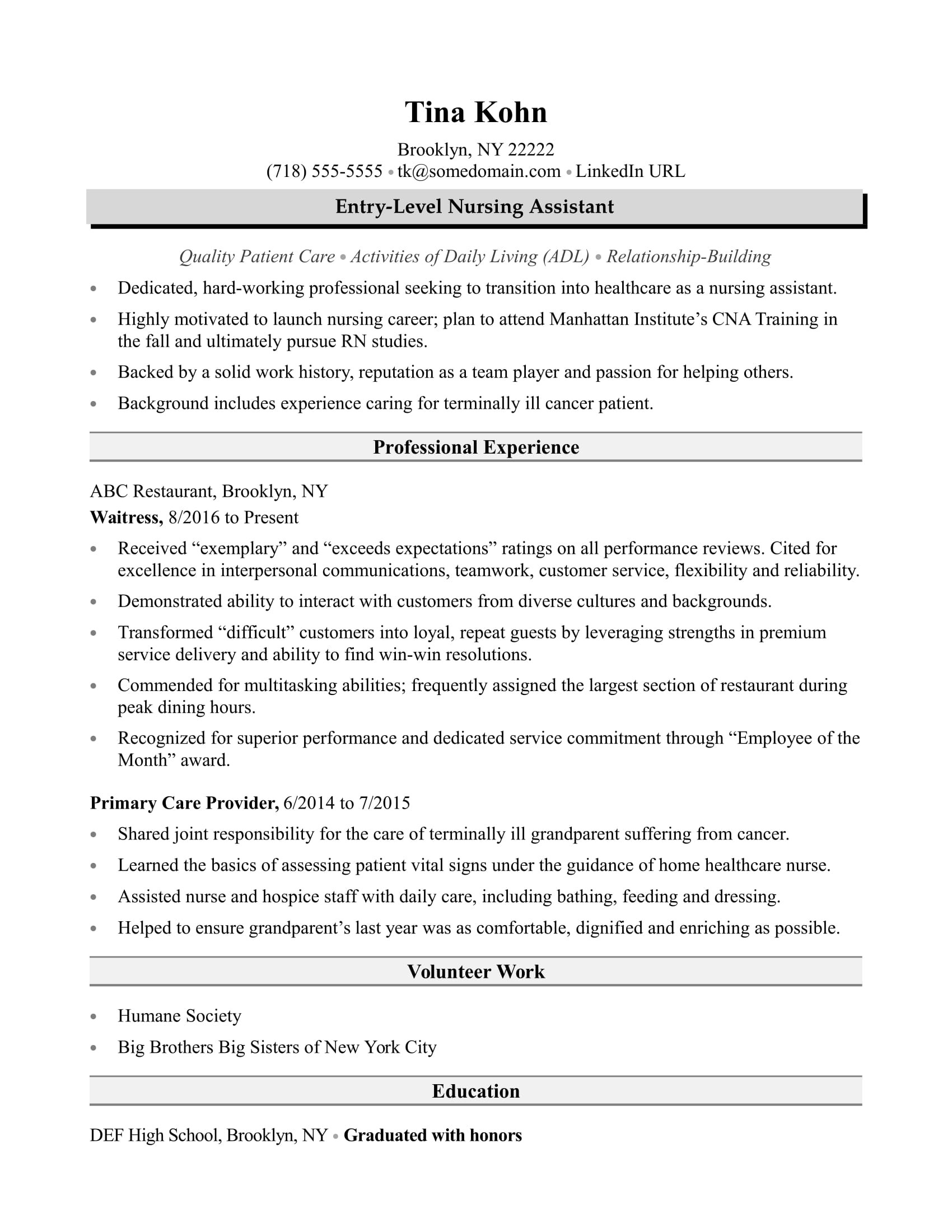 Sample Nursing assistant Resume Entry Level Nursing assistant Resume Sample Monster.com