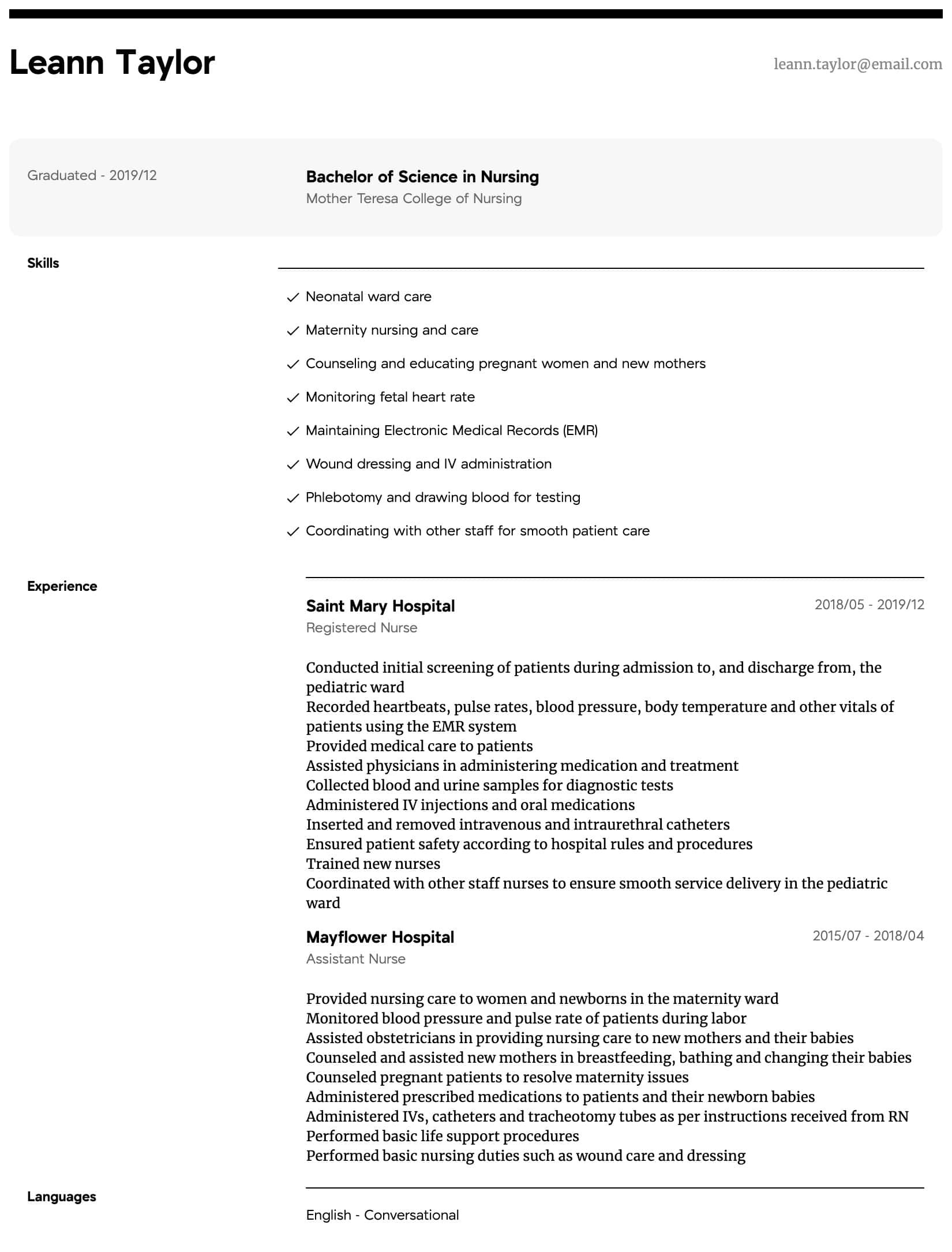 bsn nursing resume sample