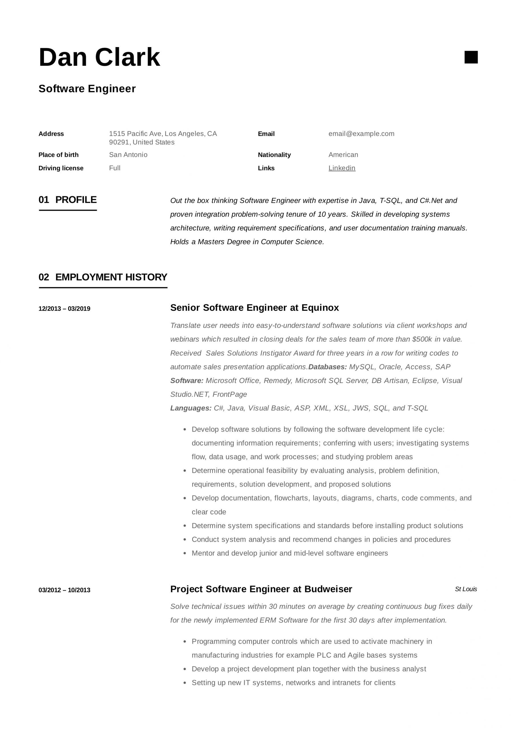 10 years experience software engineer resume