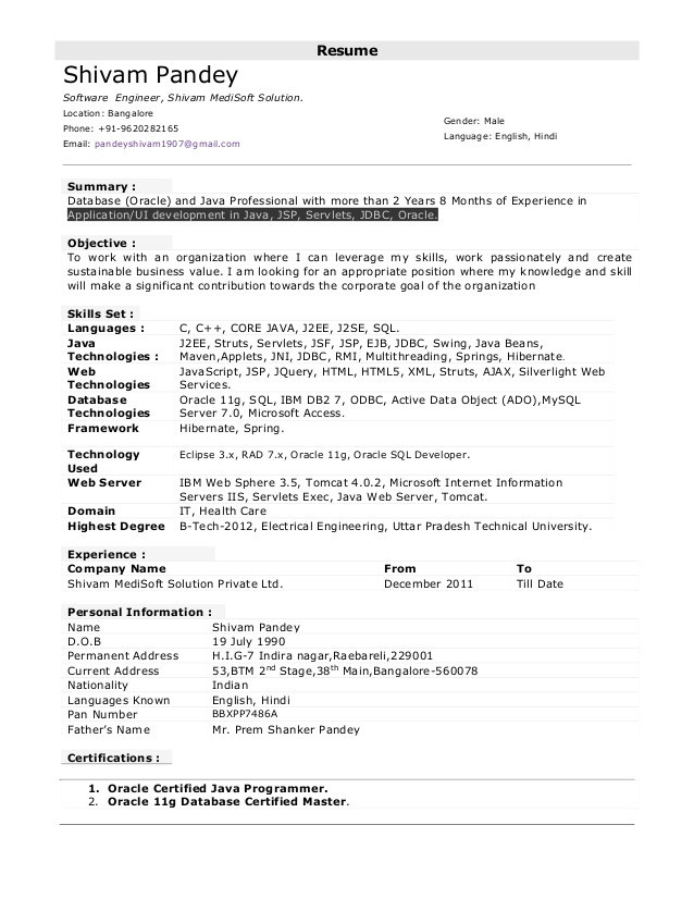 sample resume for 2 years experienced java developer