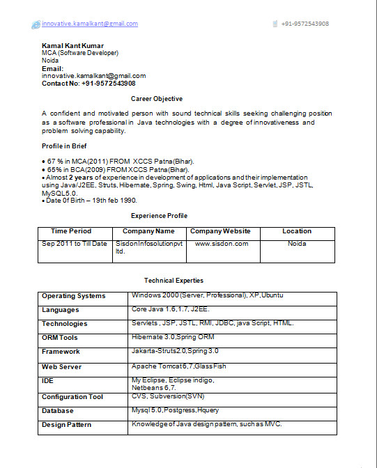 java j2ee 2 years experience resume