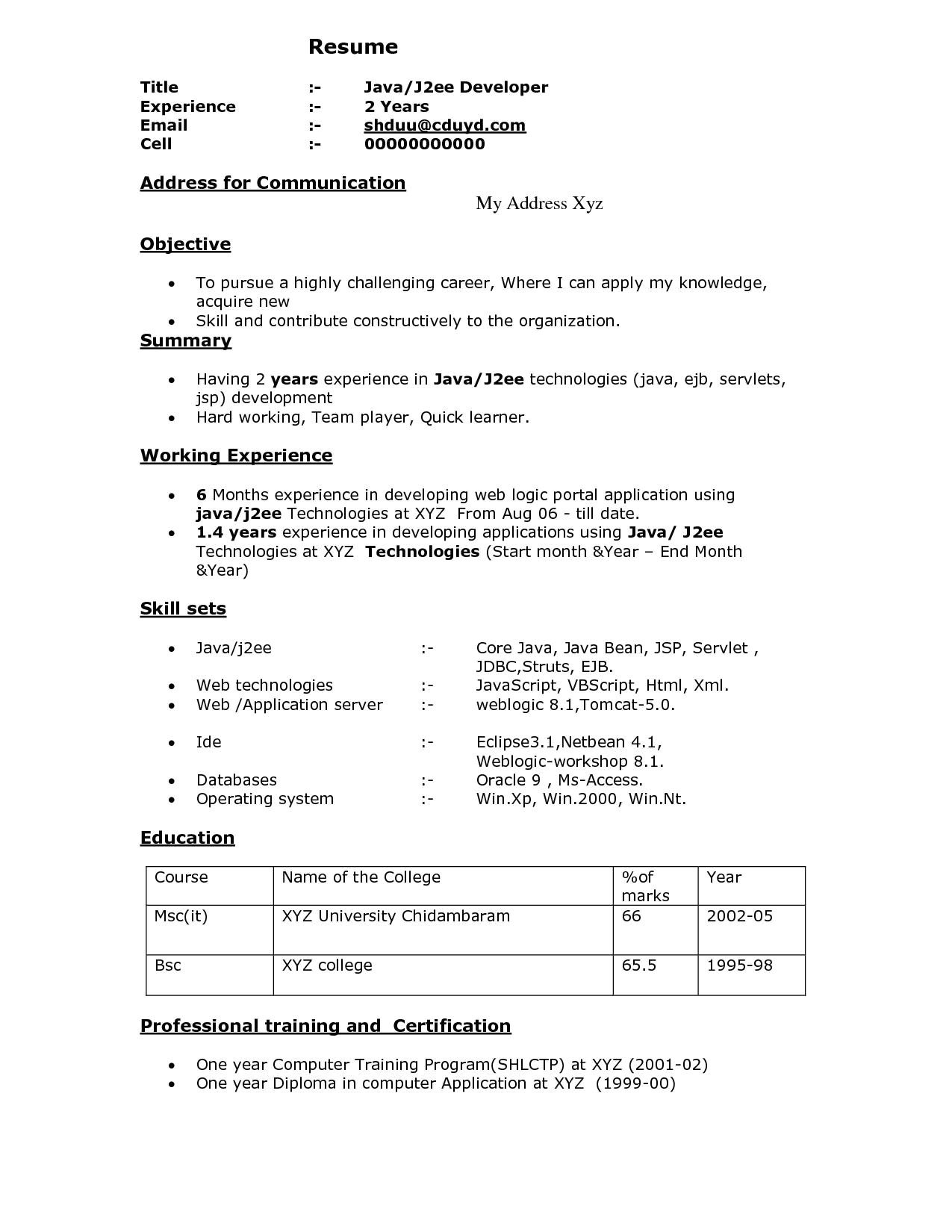 sample resume for 2 years experienced java developer