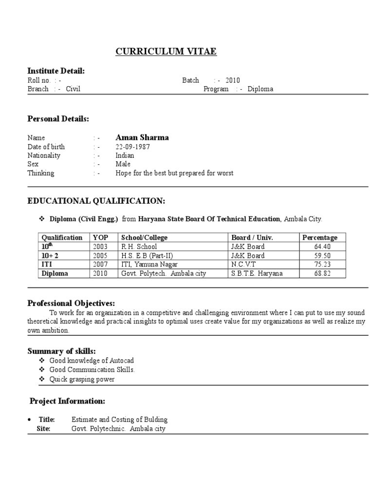 Downloadmela Diploma Civil Engineering Fresher Resume