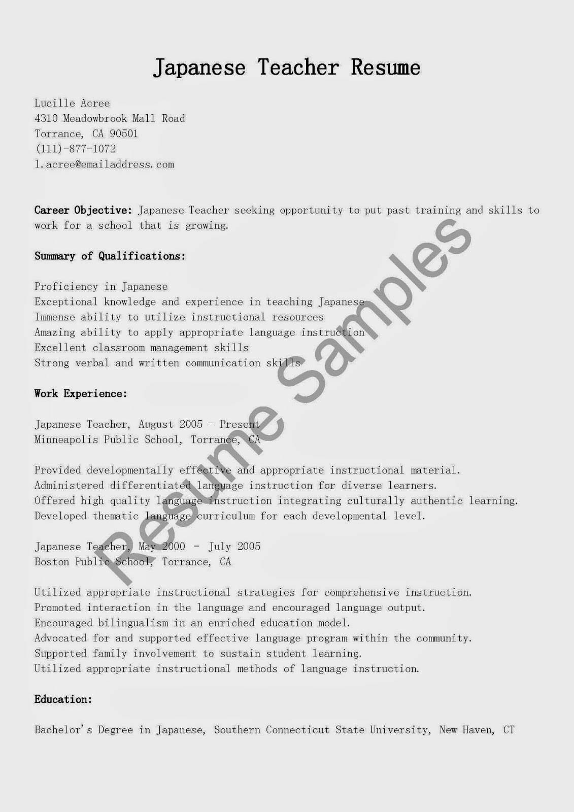 japanese teacher resume sample