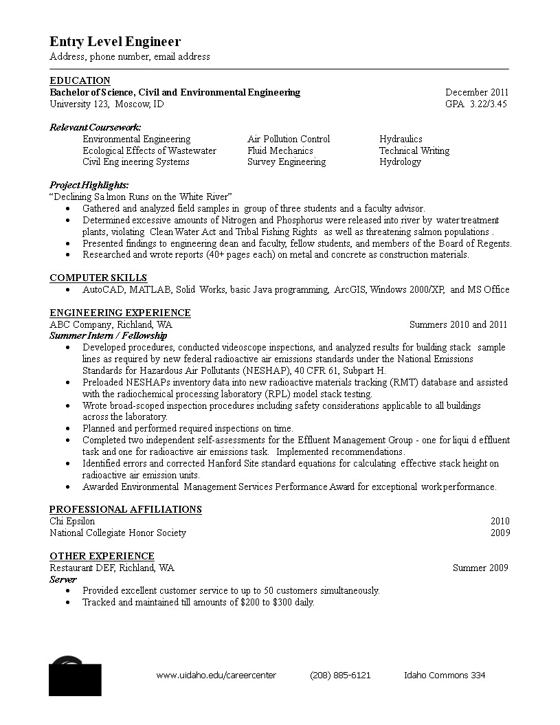 resume for entry level civil engineering