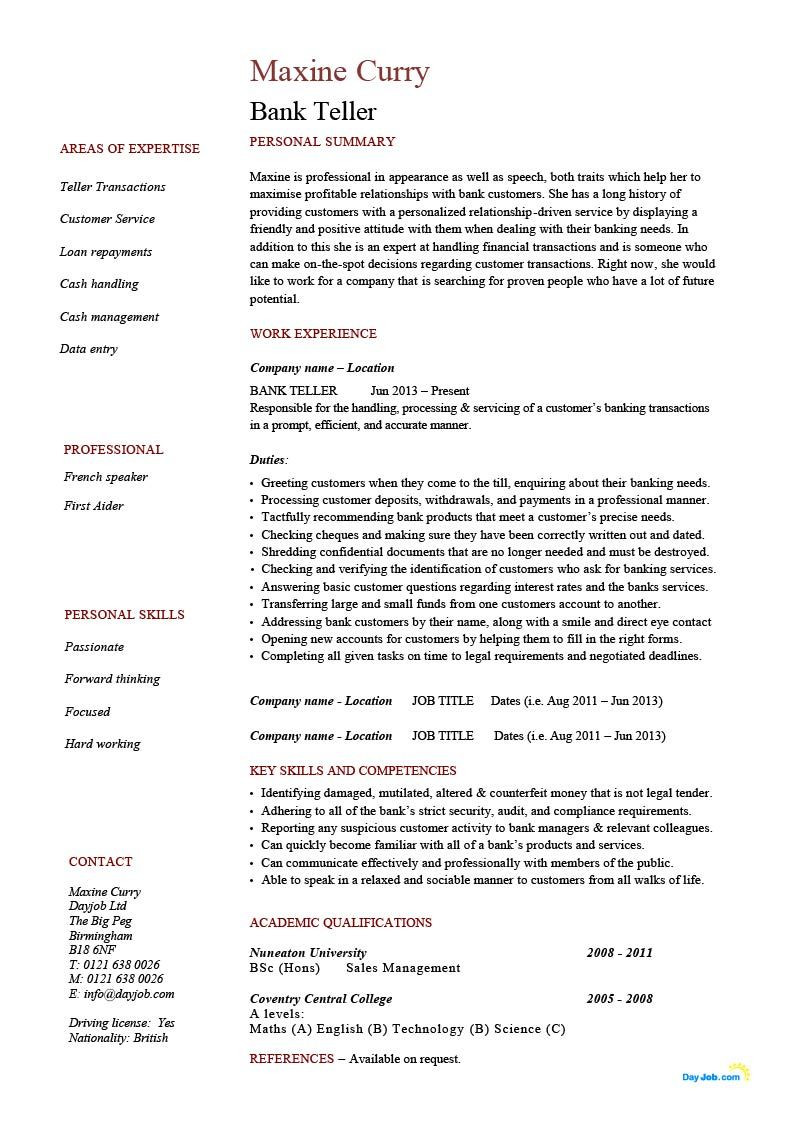 entry level bank teller resume