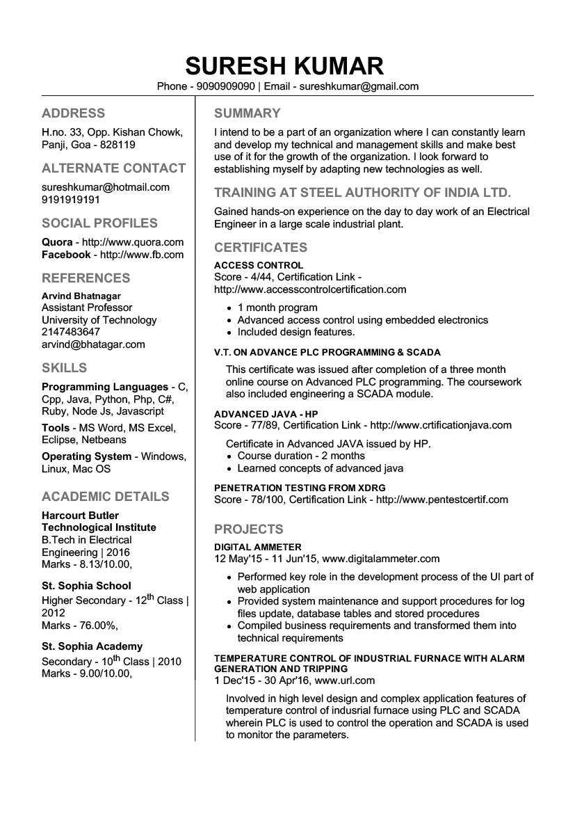 sample resume for freshers looking forml