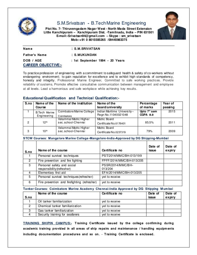 Sample Resume for Marine Engineering Cadet Srivatsan Cv Marine Engineering Revised