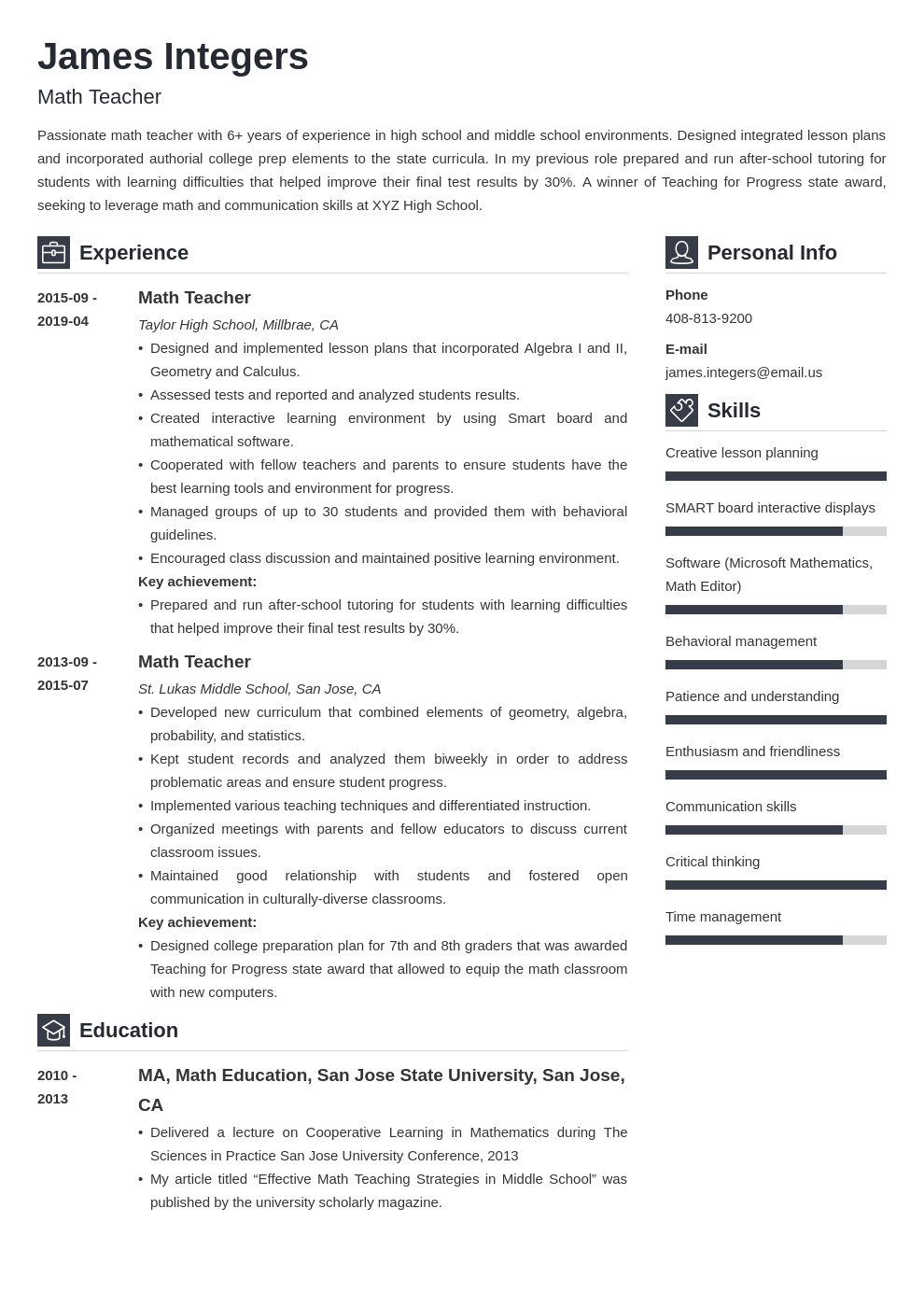 math teacher resume example