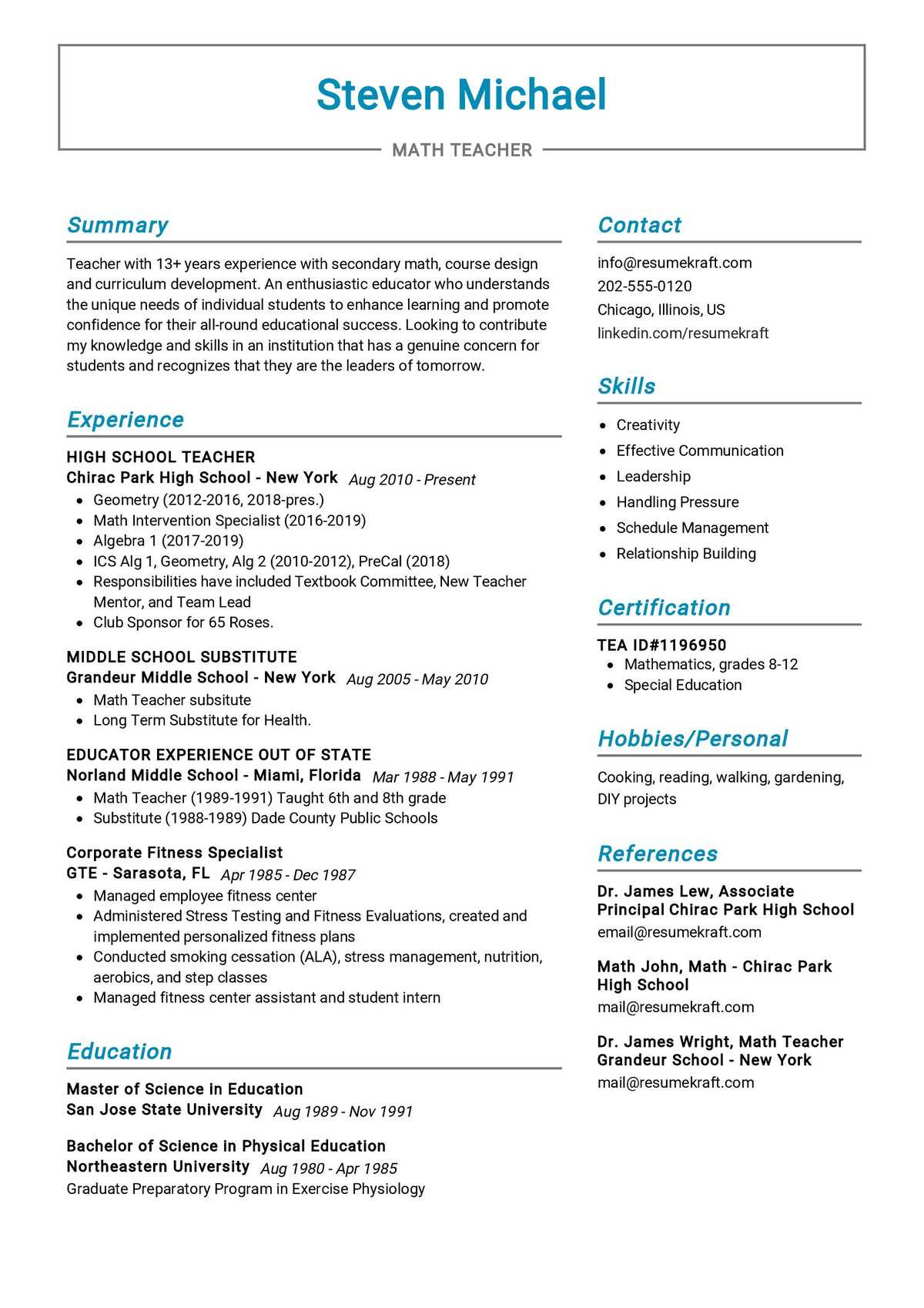 math teacher resume sample 2