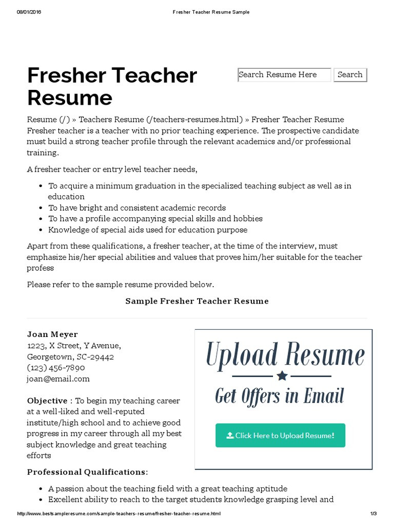 Fresher Teacher Resume Sample