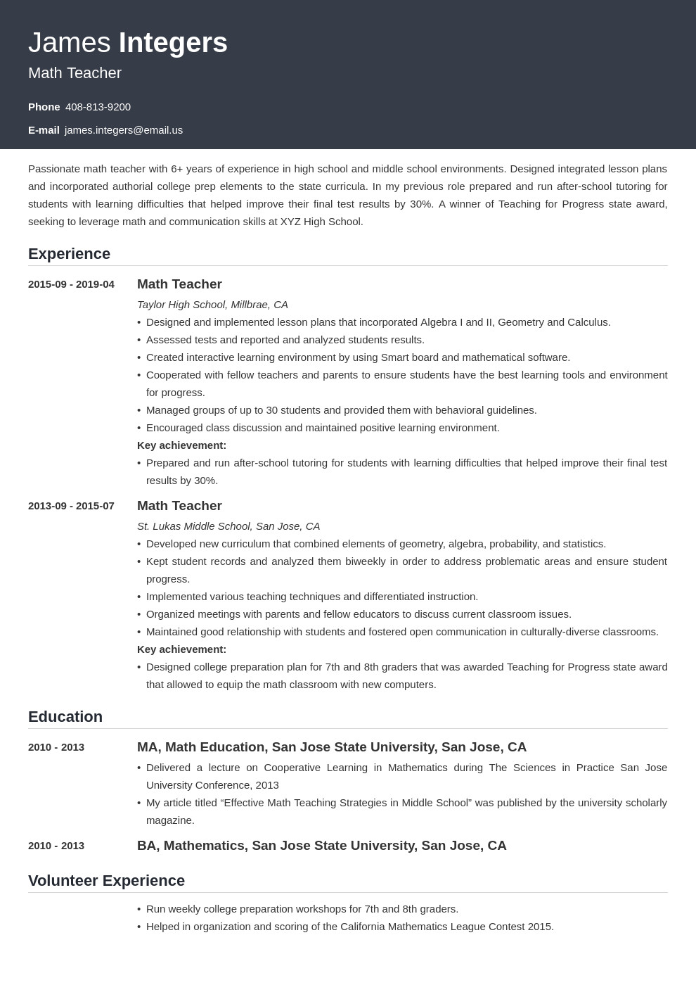 math teacher resume example