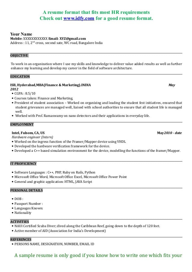 resume for mba interview