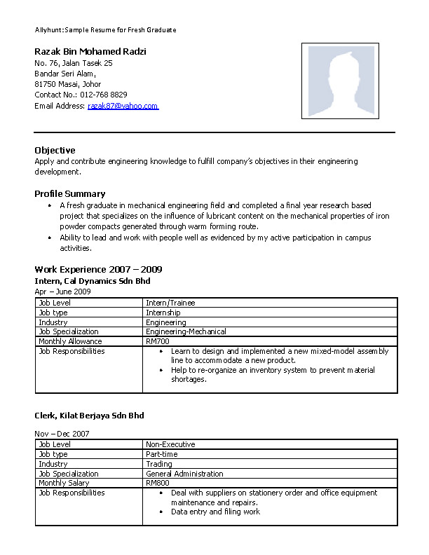 mechanical engineering resume for fresh graduate