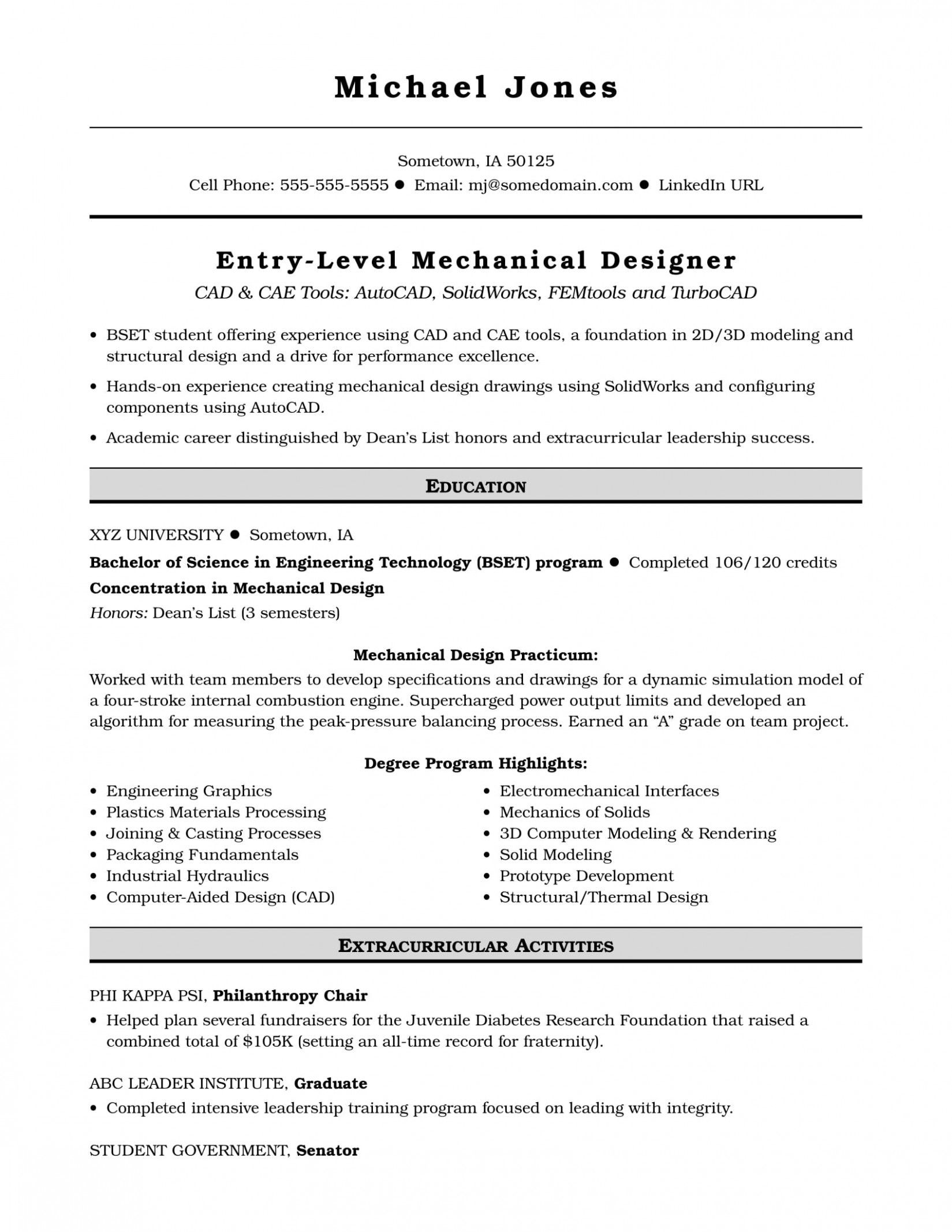 sample cv for fresh graduate mechanical engineer