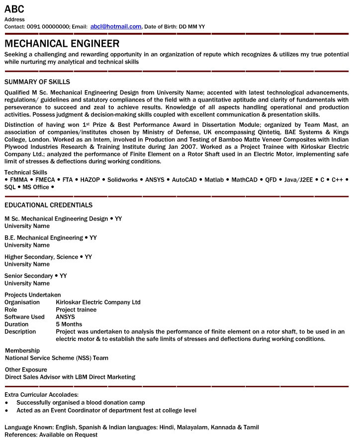 fresher mechanical engineer resume doc