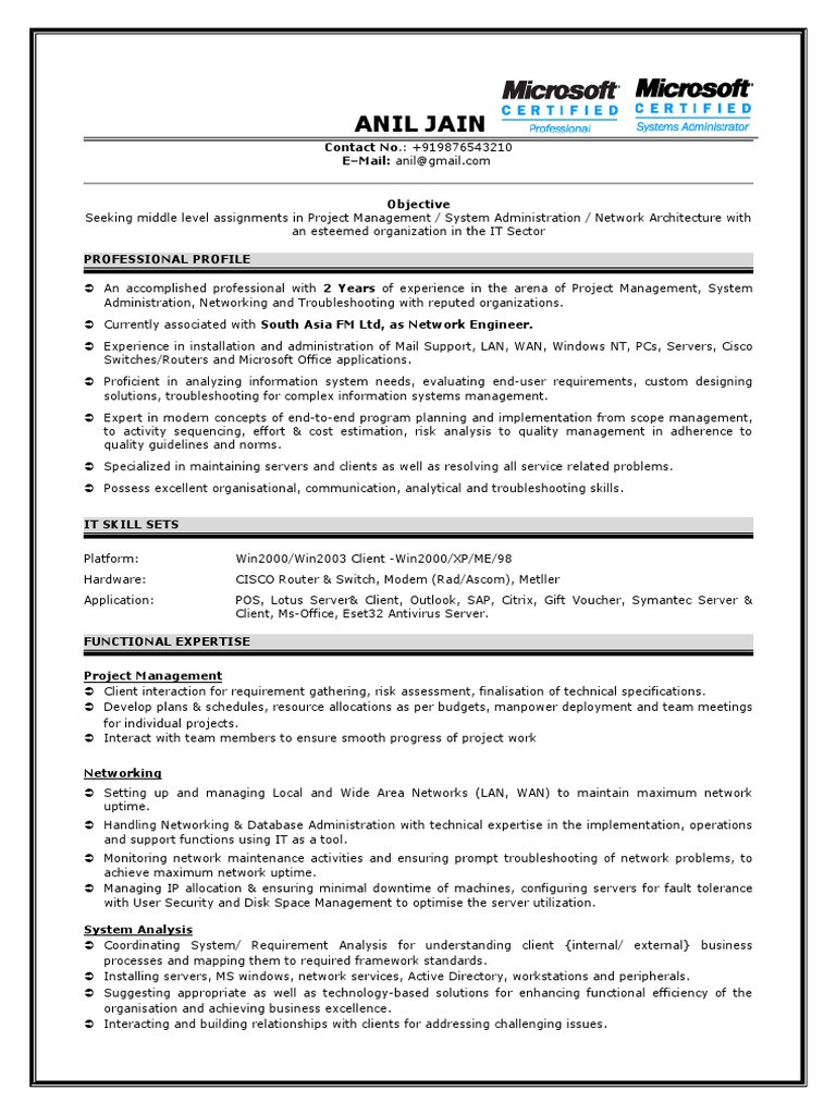 sample resume for puter hardware and networking