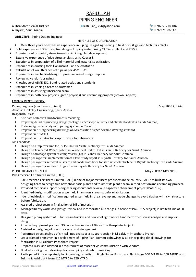 piping layout engineer resume