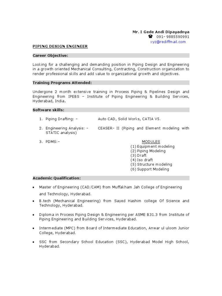Sample Resume for Piping Design Engineer Sample Piping Design Engineer Resume Pdf Pipe (fluid …