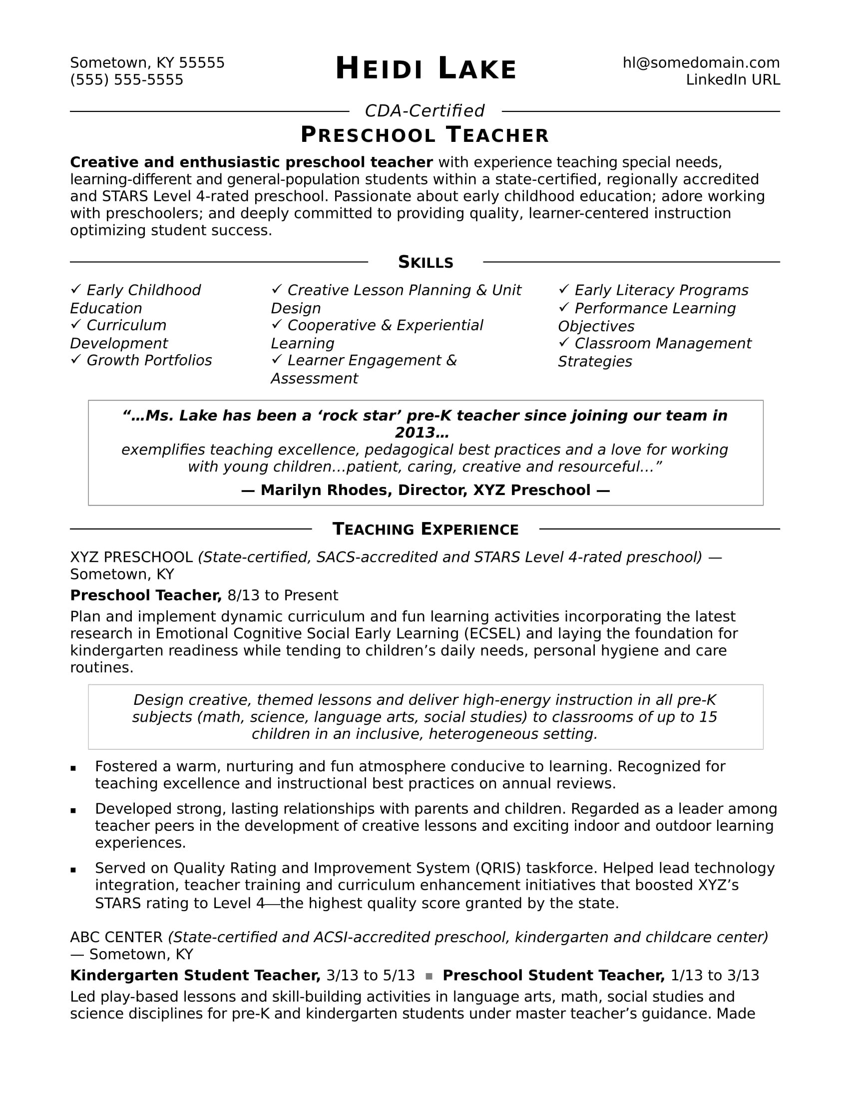 preschool teacher resume sample