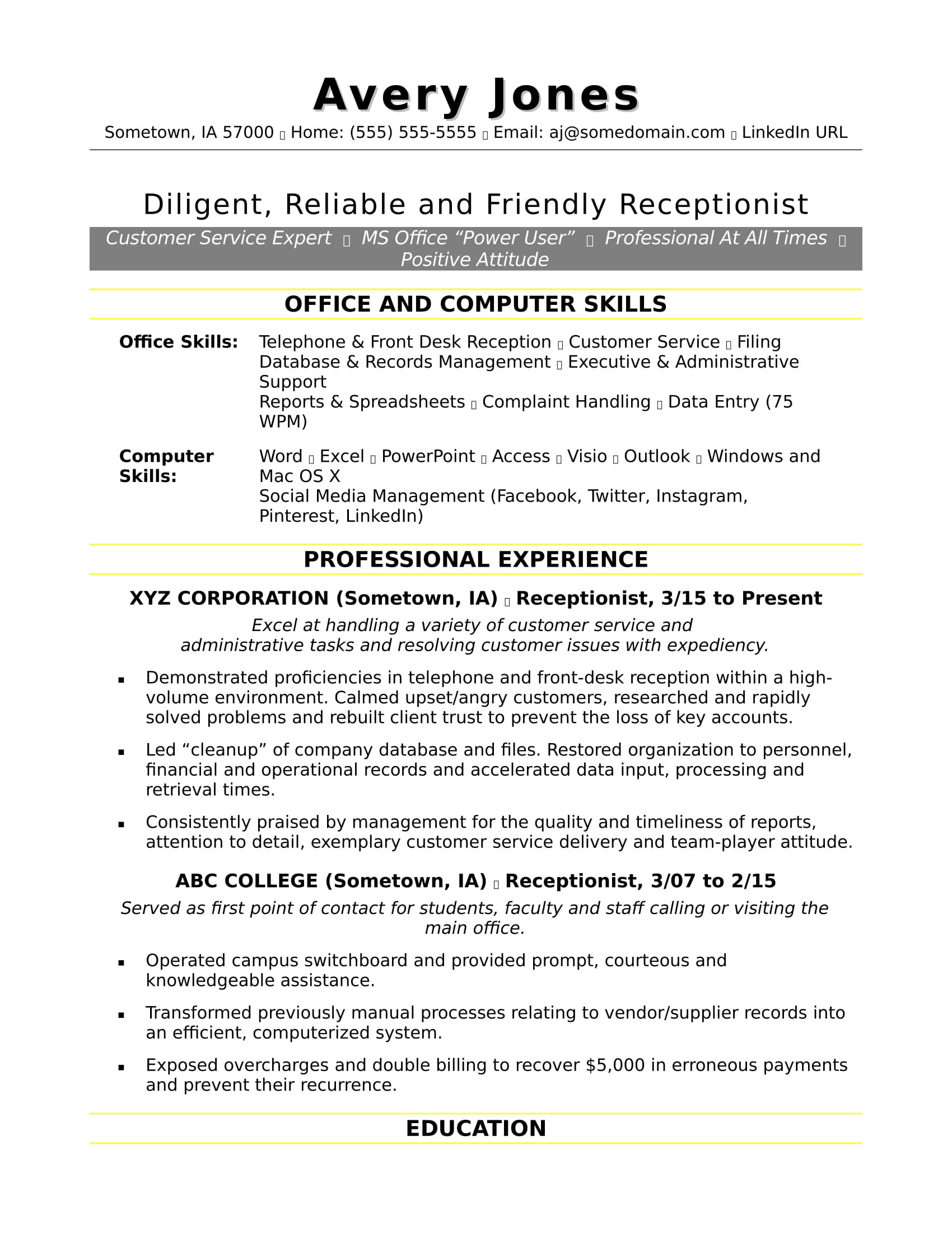 sample resume receptionist