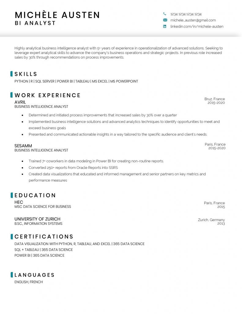 bi analyst resume sample