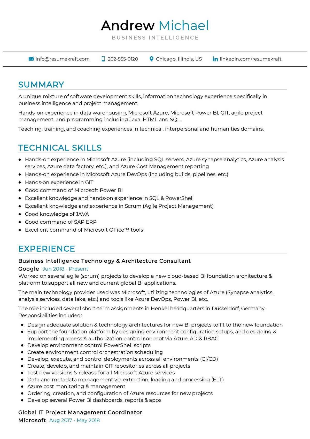 business intelligence resume sample