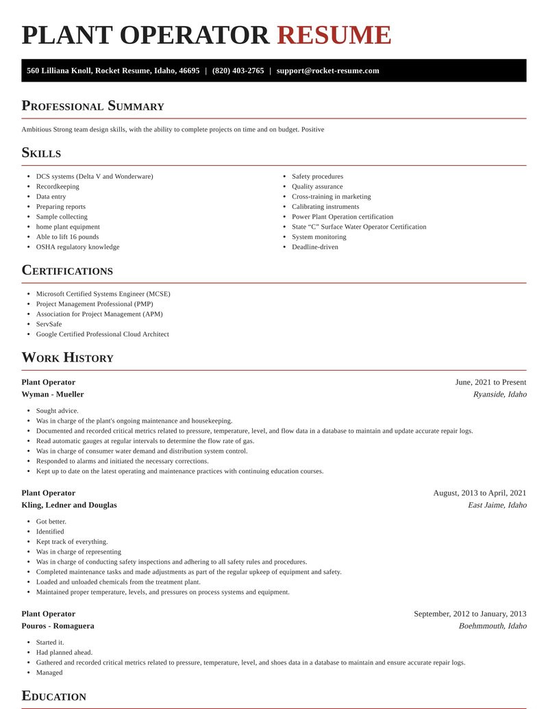 plant operator best resume creator samples