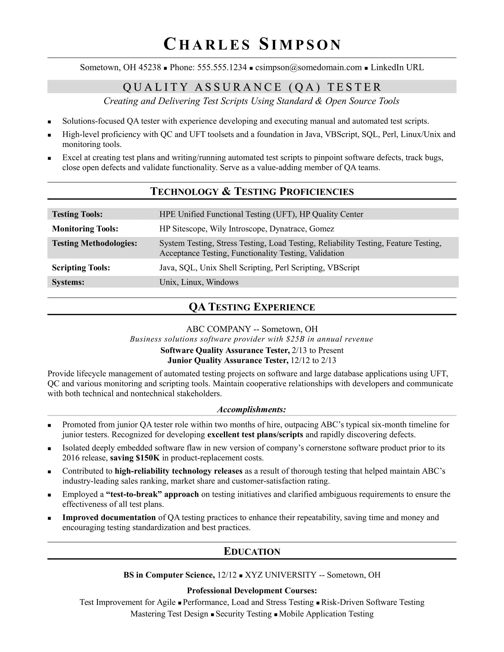 sample resume QA software tester midlevel