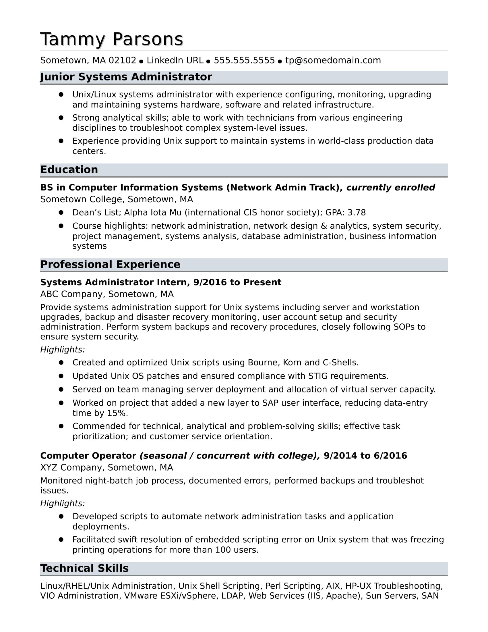 sample resume systems administrator entry level