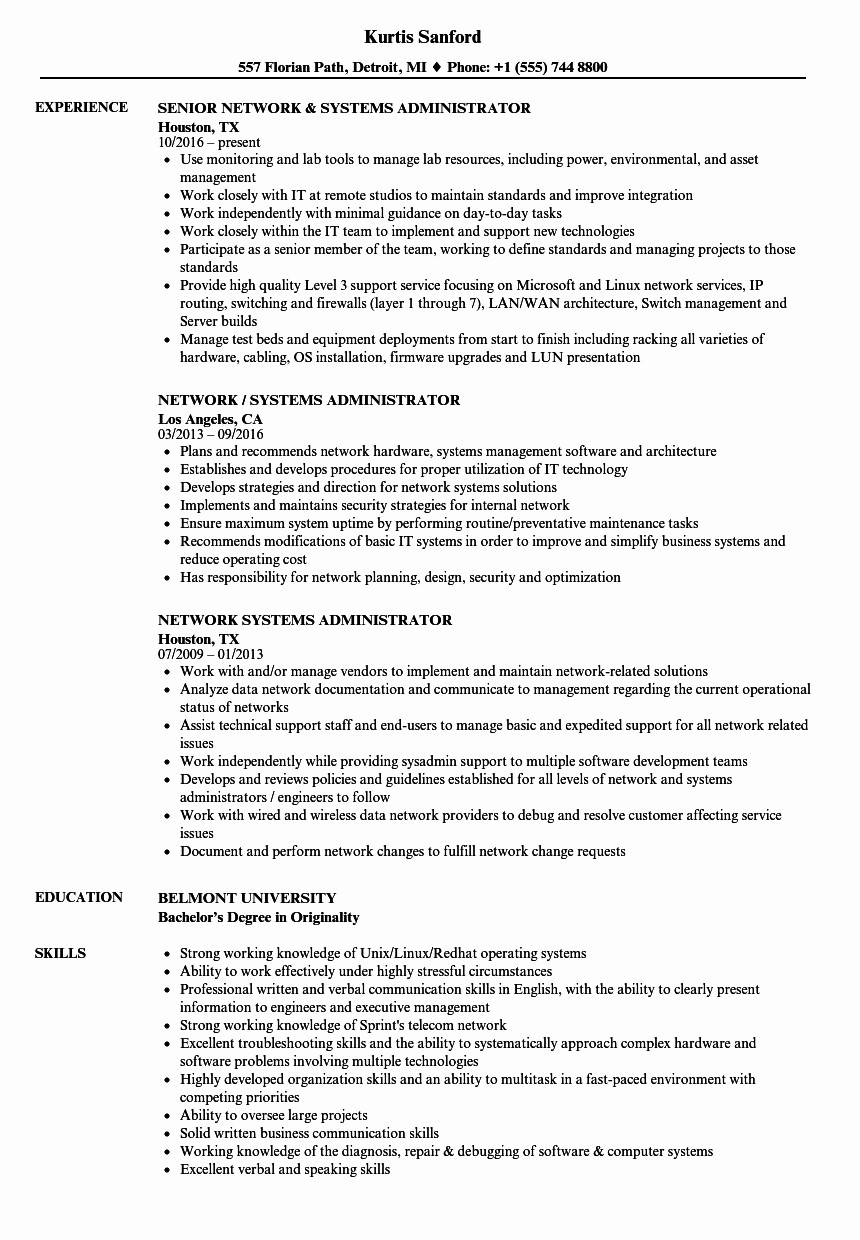 sample resume for network administrator