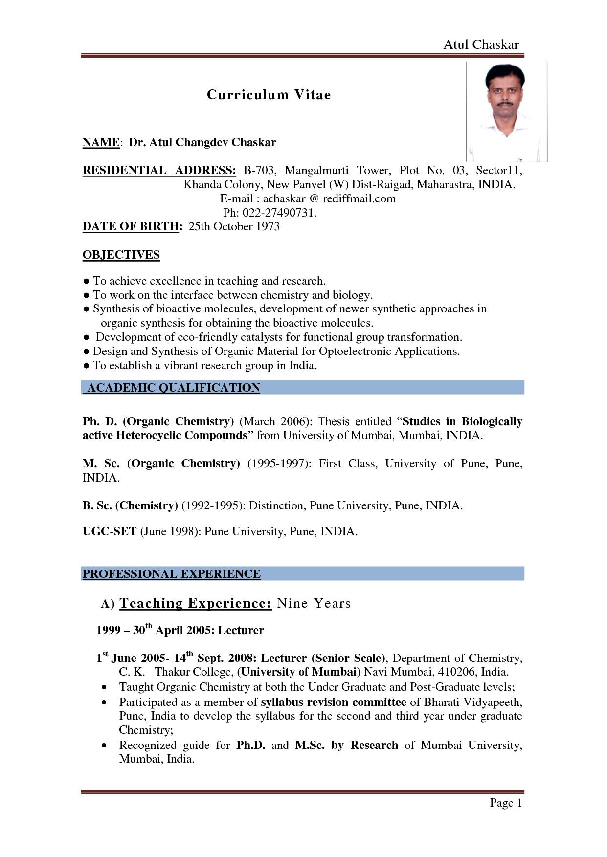 indian resume format pdf