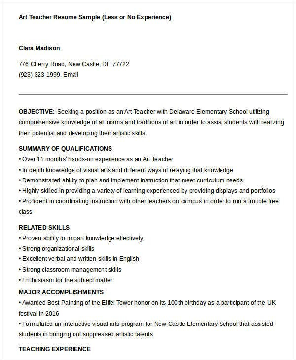 doc sample resume for teachers without