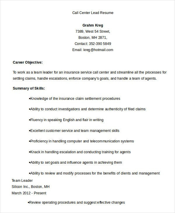 call center resume example