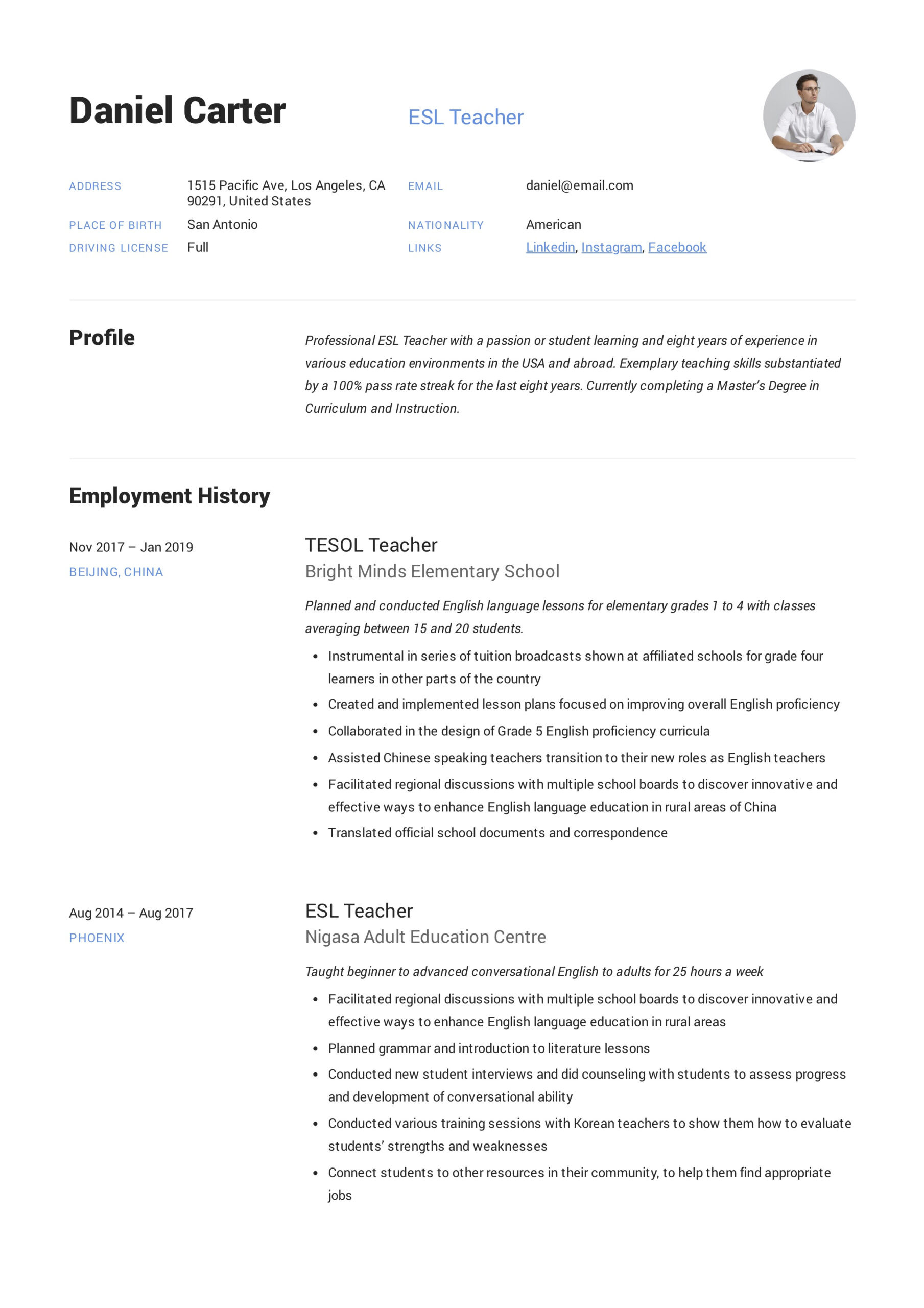 sample resume format for teacher applicant