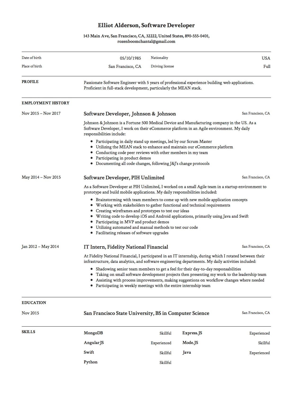 software engineer cv pdfml