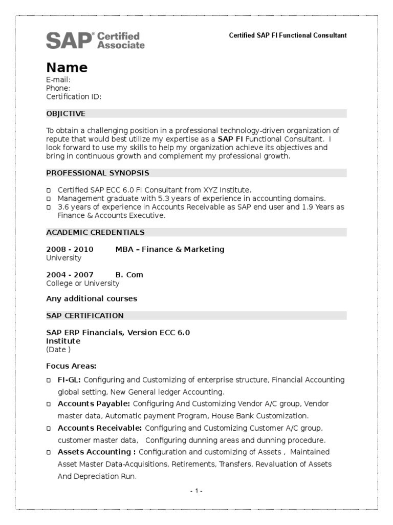 Sample Fresher Resume of SAP FI Certified