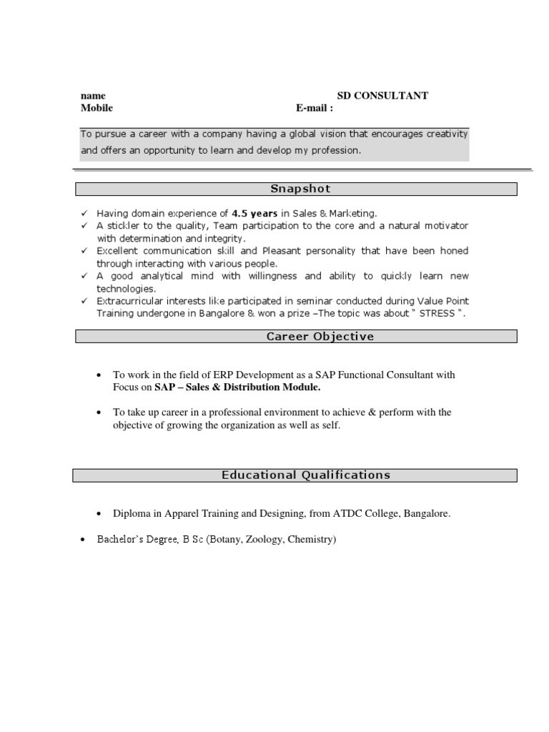 Sap Fresher Resume