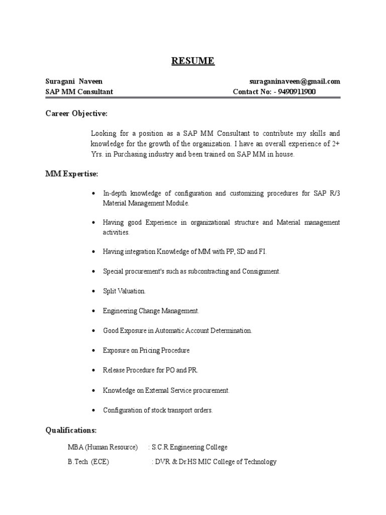 Sap Mm Fresher Resume