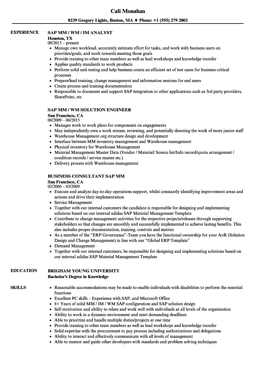 sap mm resume sample