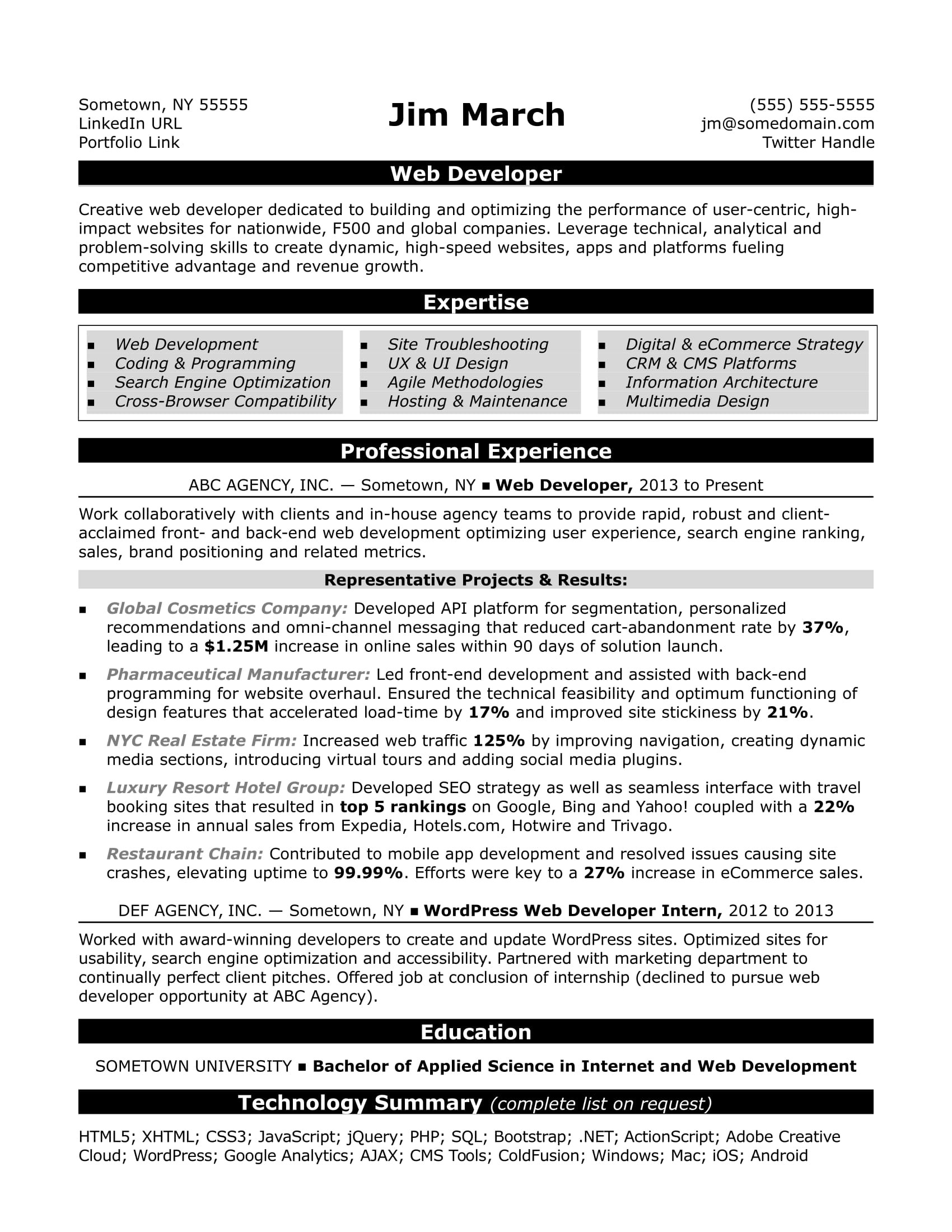 web developer resume sample