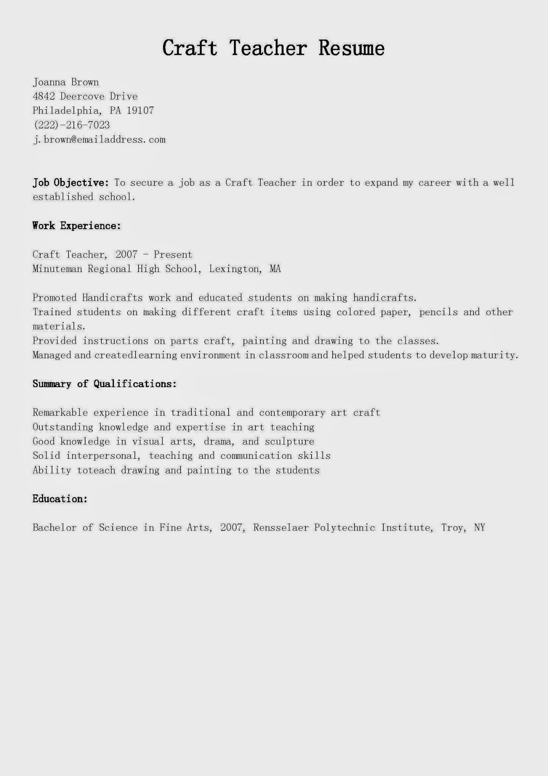 craft teacher resume sample