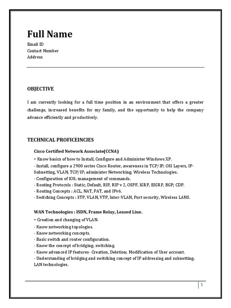 Sample Resume Fresher CCNA 1