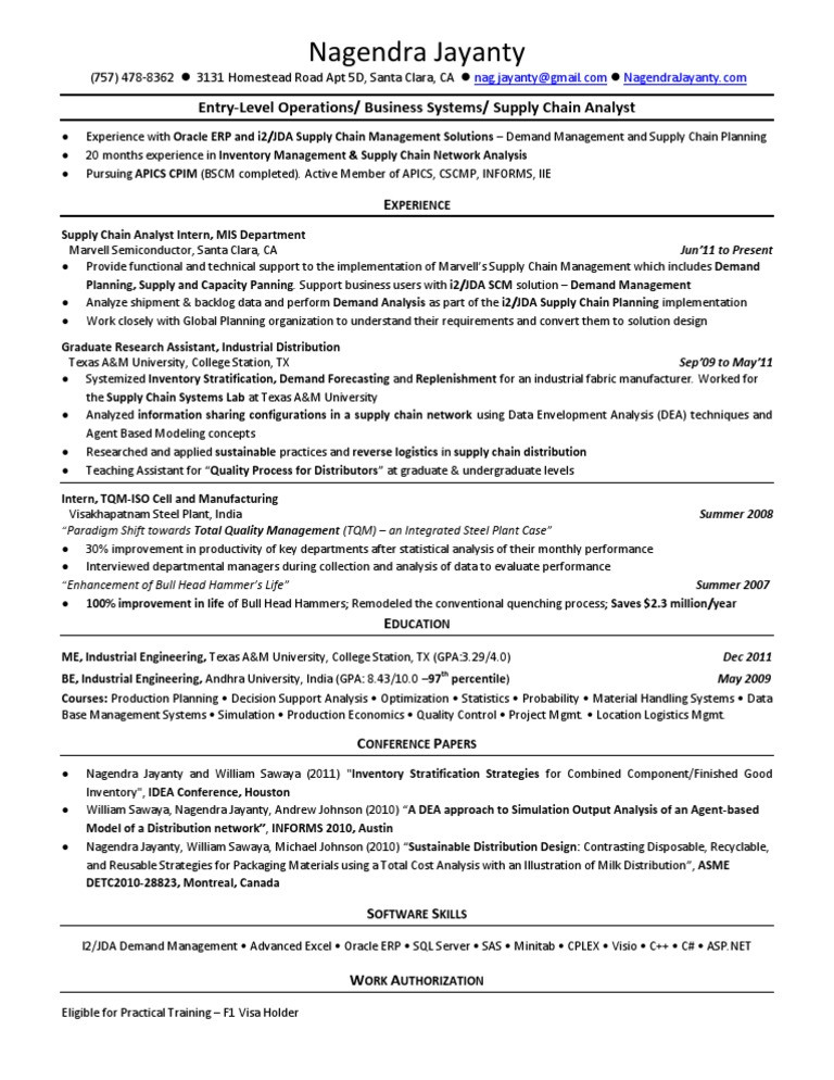 Entry Level Supply Chain Resume Nagendra Jayanty