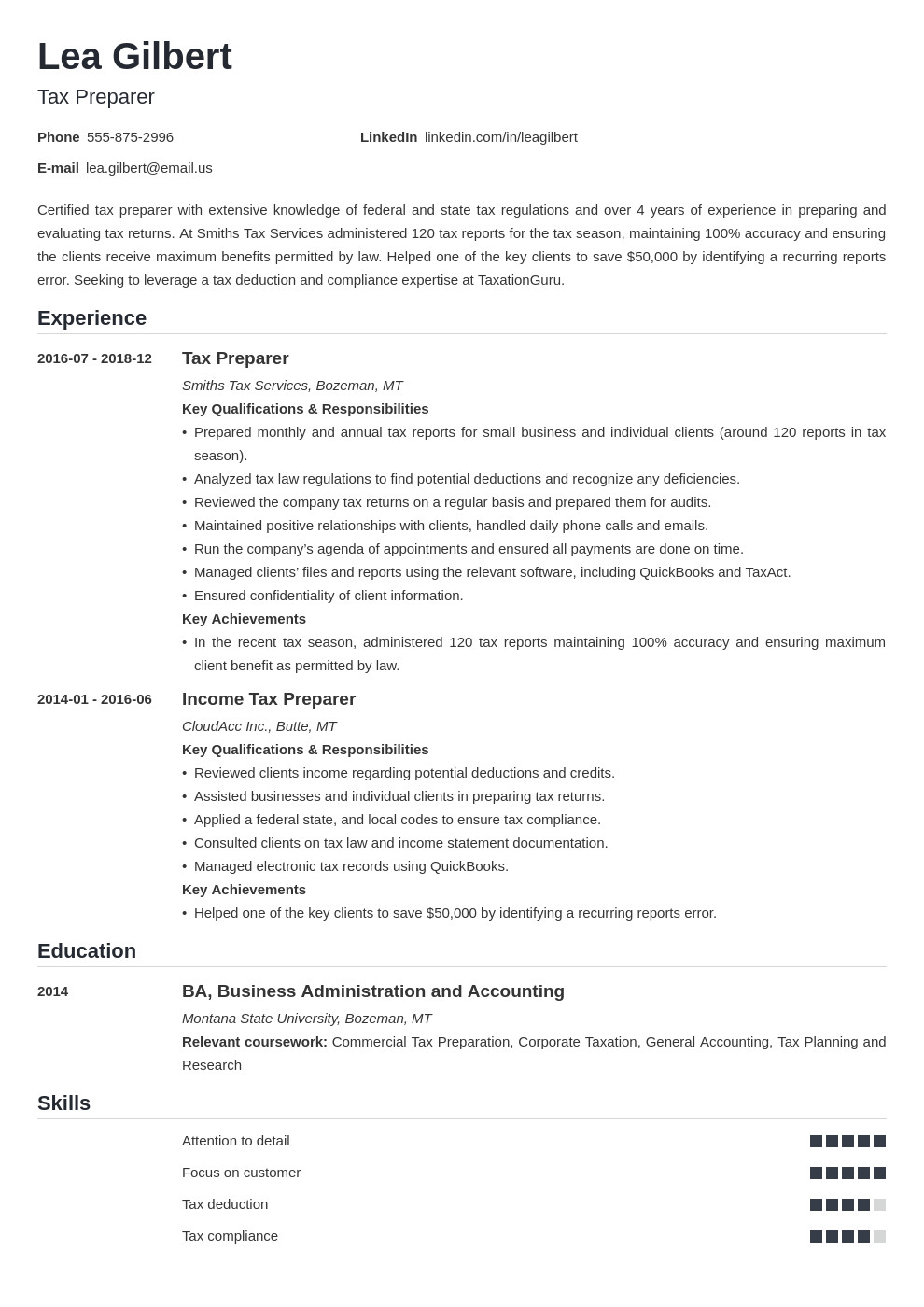 tax preparer resume example