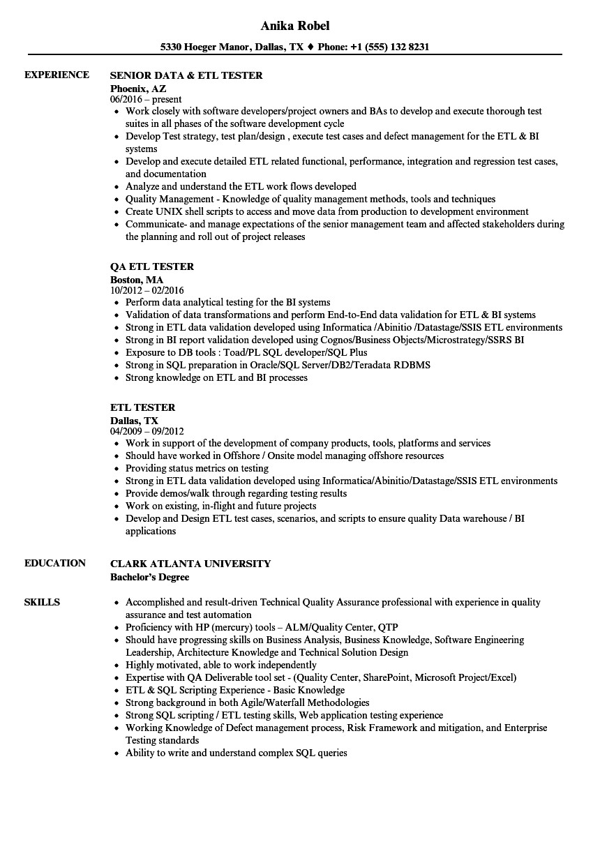 etl tester resume sample