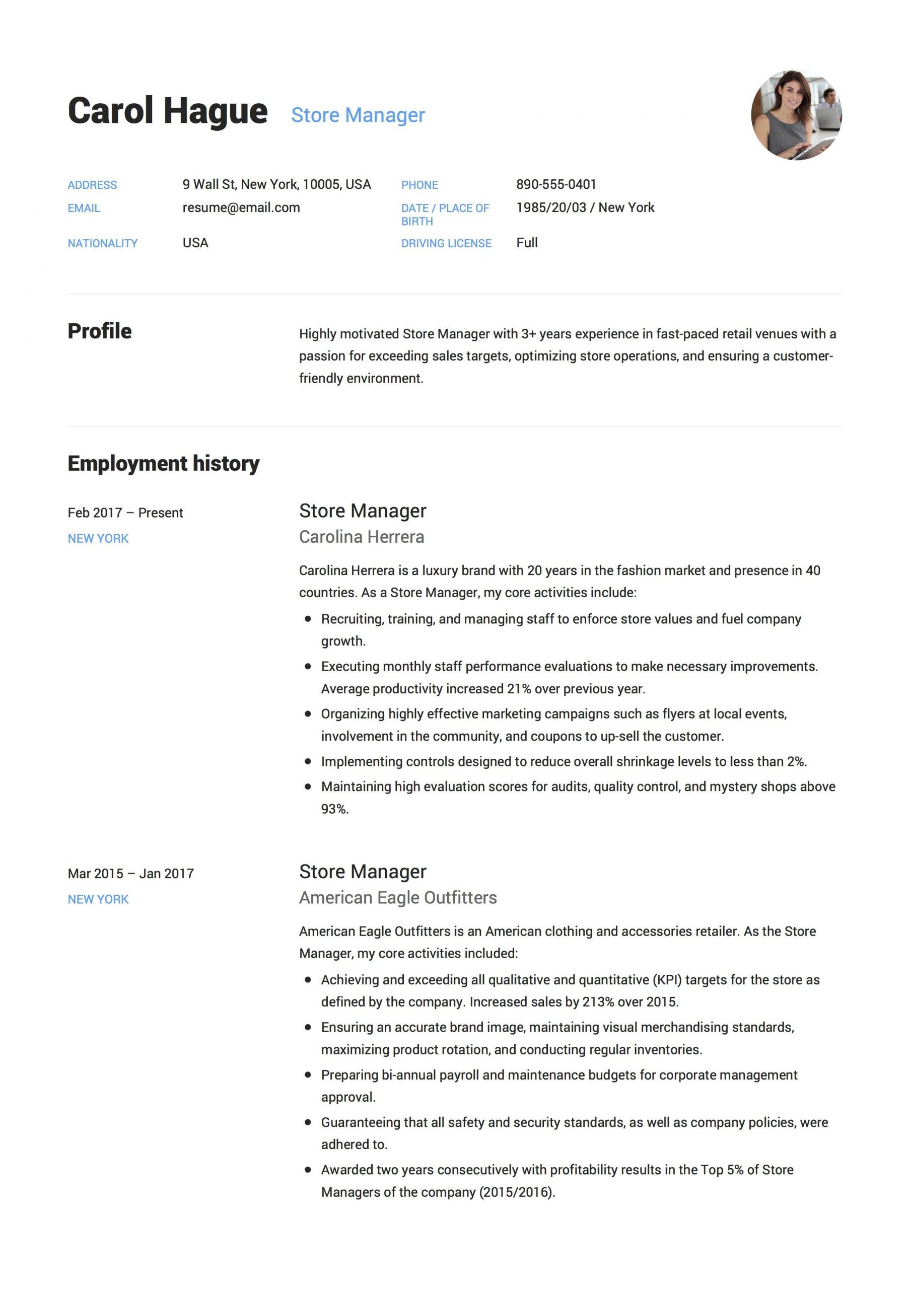Free Sample Resume Retail Store Manager Store Manager Resume Sample, Template, Example, Cv, formal, Design …