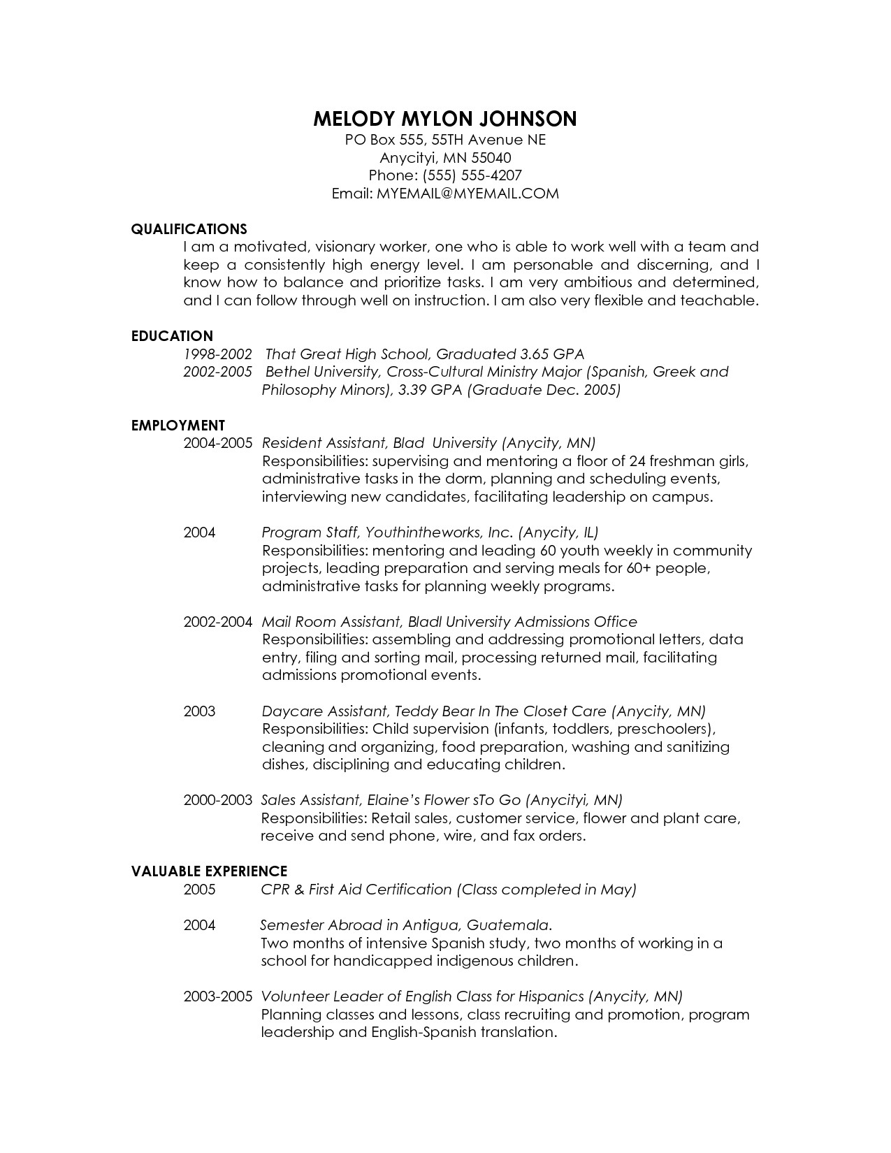 resume format for graduate school